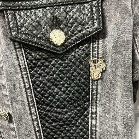 Versace Jeans Washed Gray Moto Jacket, Black Leather Detail, Small - Picture 5 of 7
